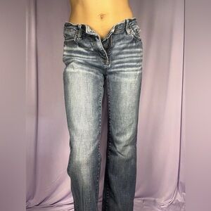 Buckle Black Dark Wash Boot Cut Denim Jeans Womens Size 27x32 Distressed Hem Mid